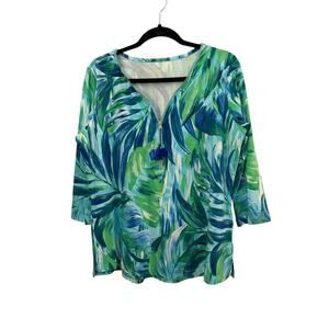 Belle Kim Gravel 1/4 Zip Top Shirt Tassel Accent Botanical Print Egyptian Cotton